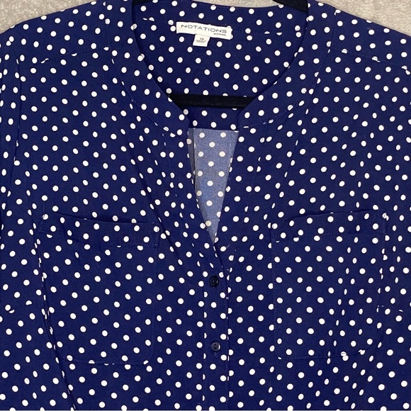 Notations 1X Top Shirt Navy Blue White Polka Dot Button Up Long Sleeve V Neck - Picture 3 of 6